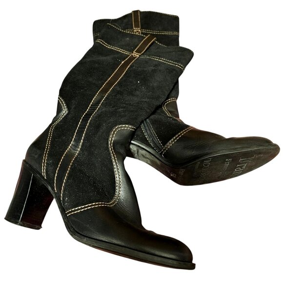 Franco Sarto Black Leather Suede Women's Mid-Calf Boots With Brown Stitching 9M - Picture 1 of 9